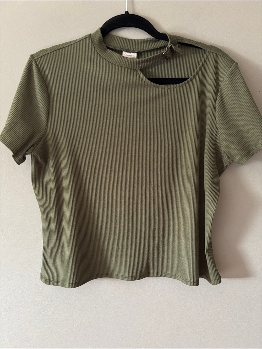 Olive Ribbed Short-Sleeve Top with Cutout